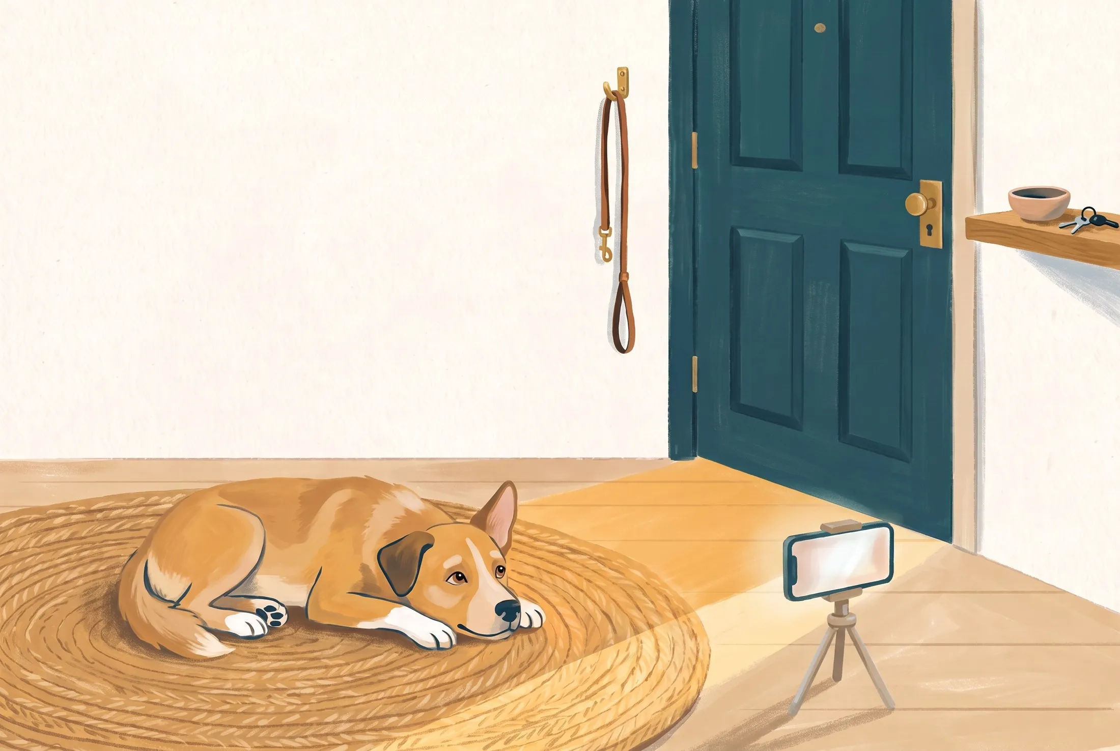 Painted illustration: a dog lying on a rug by the door while a phone on a tripod films it