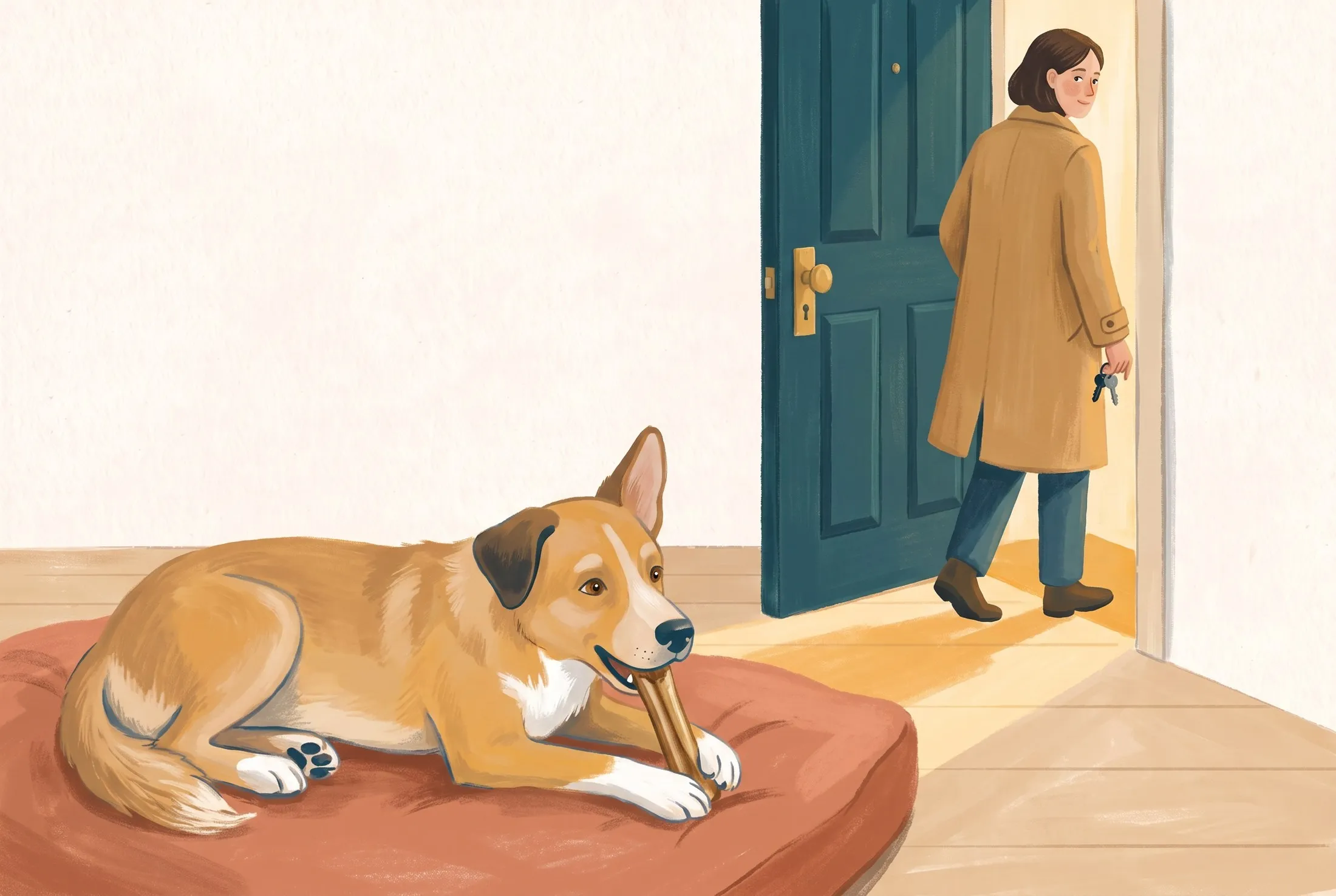 Painted illustration: an owner quietly leaving through the front door while the dog rests