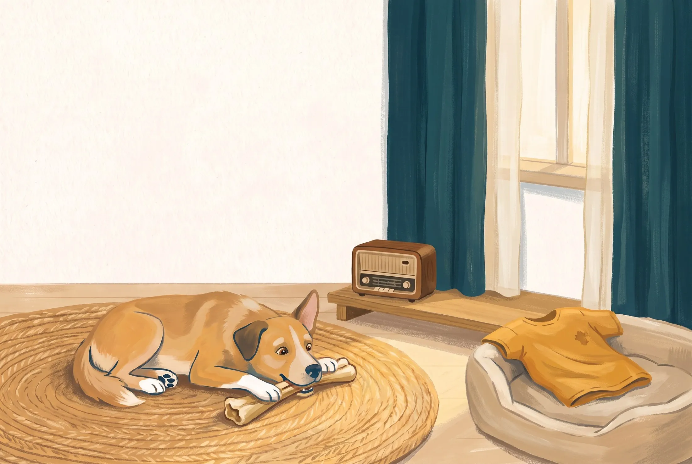 Painted illustration: a dog resting on a rug near a radio, a chew and a dog bed