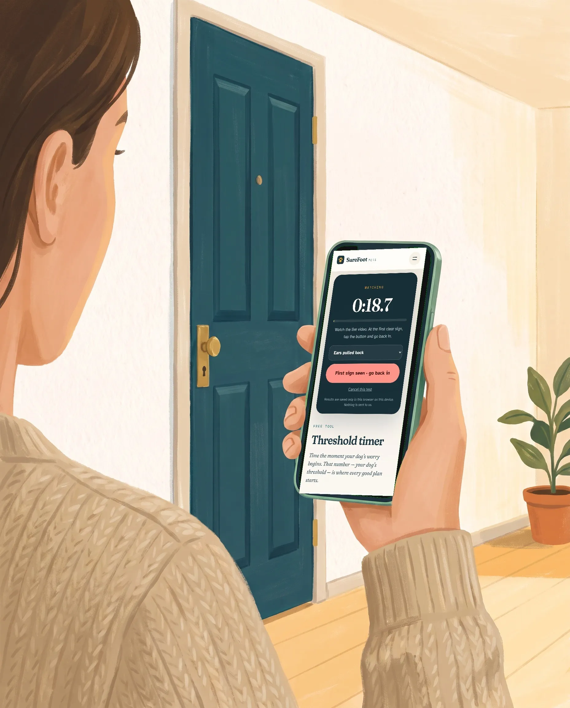 Painted illustration: an owner outside the front door watching the free threshold timer on their phone