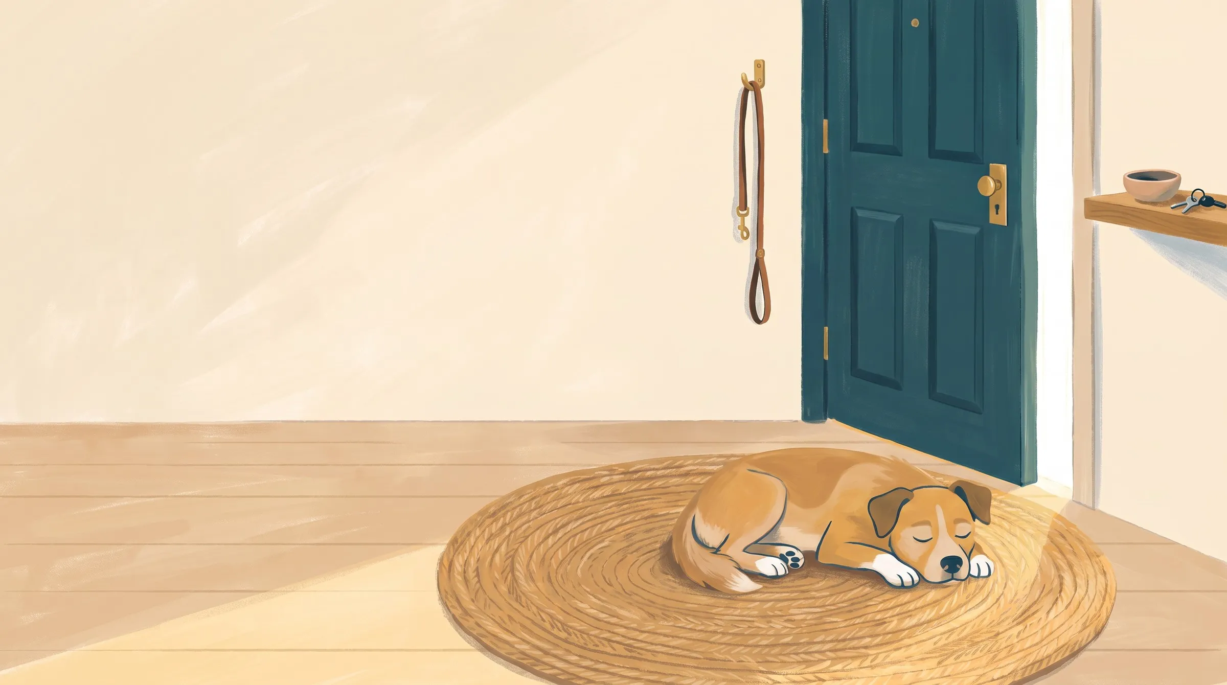 Painted illustration: a dog asleep on a round rug near the front door