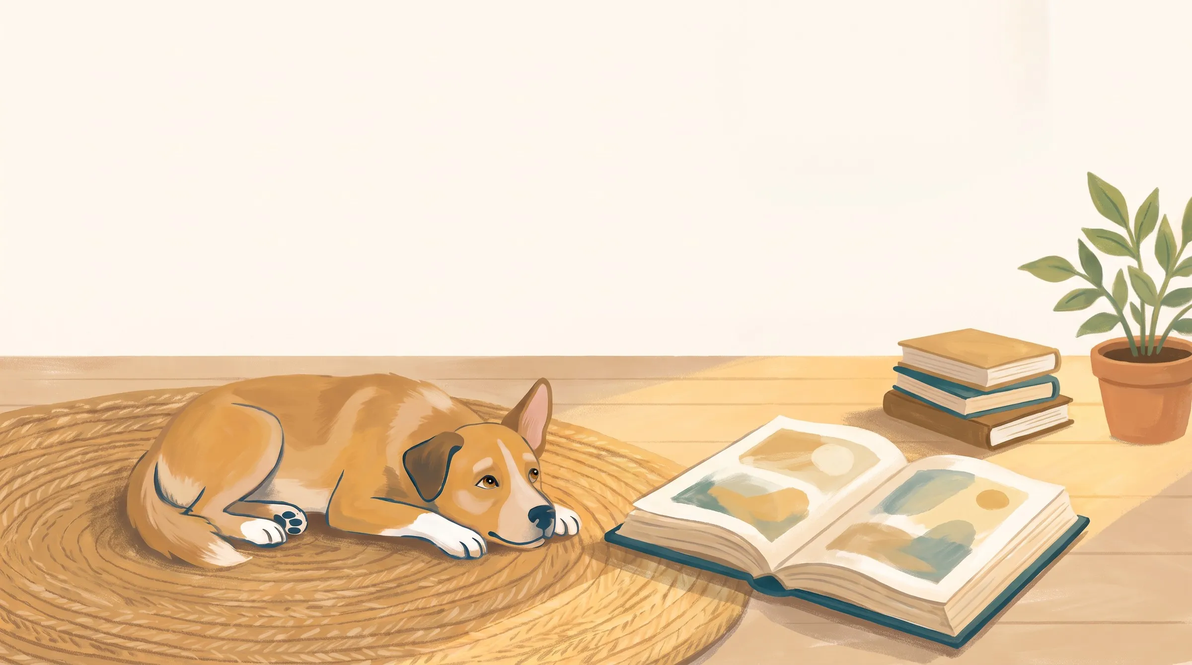 Painted illustration: a dog resting beside an open book on a rug