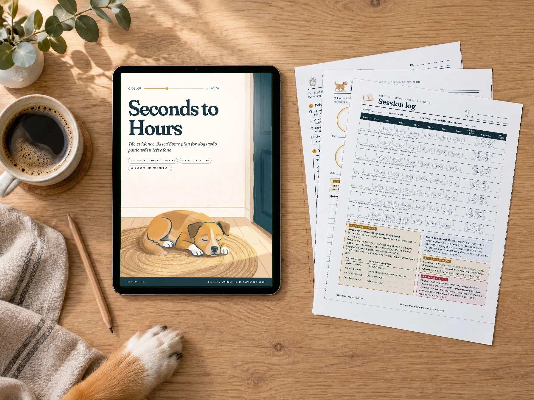 The Seconds to Hours kit: guide on a tablet and printed workbook pages on a desk